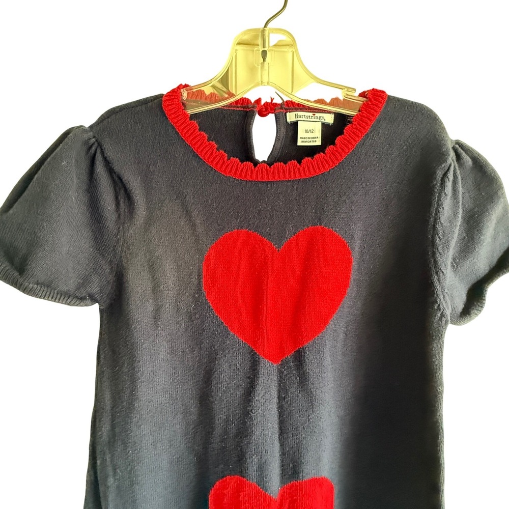 Hartstrings Girls Knit Dress Size 10/12 Navy Blue Red Hearts Puff Sleeve